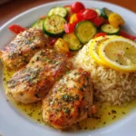 Plated summer lemon chicken dinner with roasted vegetables and rice garnished with lemon slices and fresh herbs