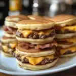 Golden brown pancake sliders with beef patties, melted cheese, and bacon stacked on white plate