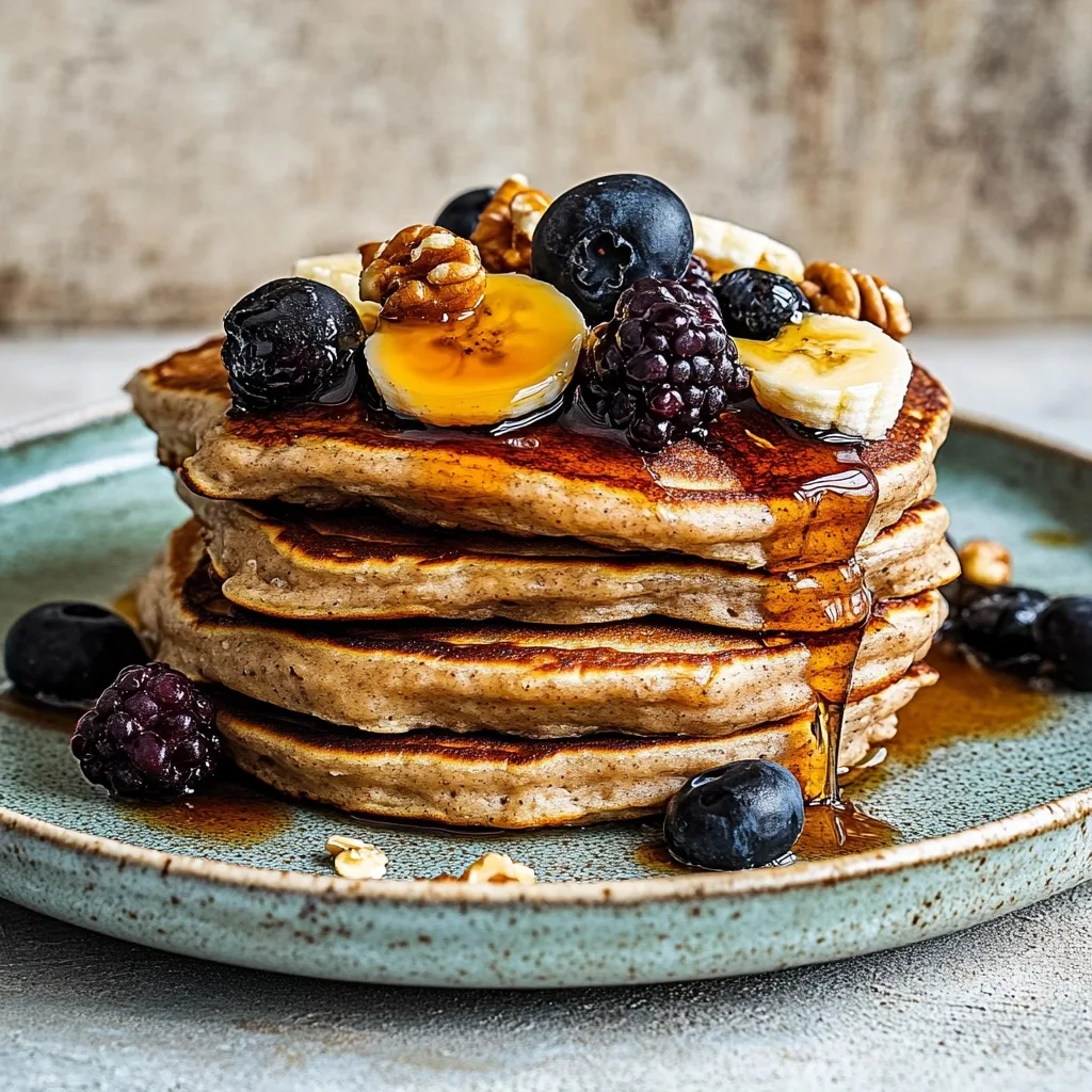 Stack of golden protein pancakes topped with fresh blueberries, raspberries, banana slices, walnuts and maple syrup on a turquoise plate