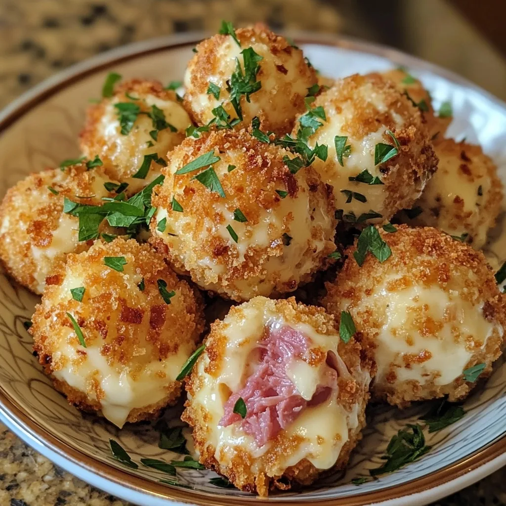 Crispy golden Reuben Balls in a decorative bowl with melty Swiss cheese and corned beef filling, garnished with chopped fresh parsley
