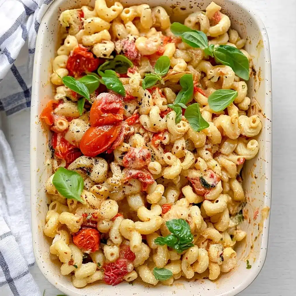 Finished TikTok baked feta pasta with golden roasted tomatoes and fresh basil in white baking dish