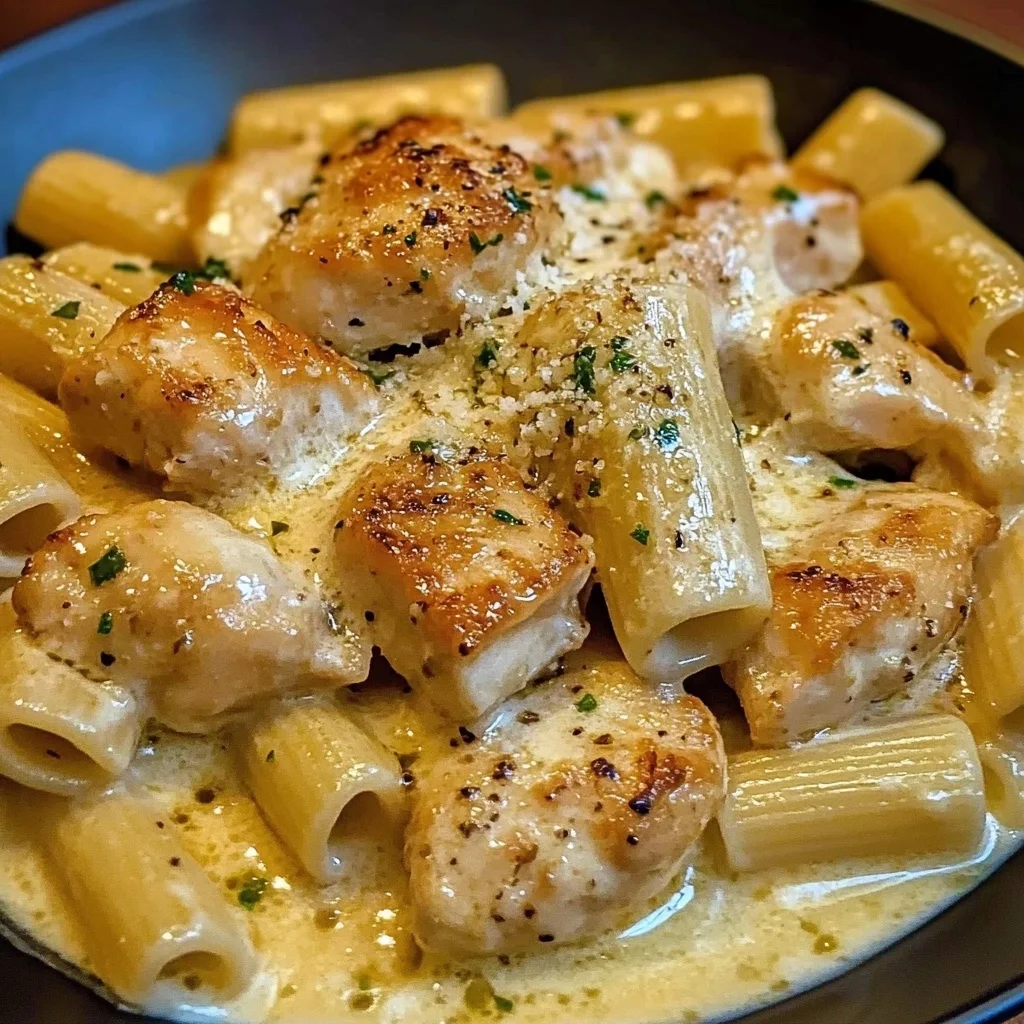 Tender chicken pieces and rigatoni pasta in a creamy garlic Parmesan sauce with fresh herbs.