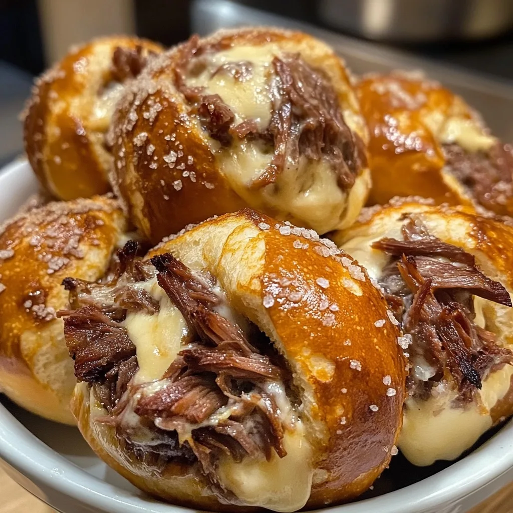 Golden brown Smoked Brisket & Beer Cheese Pretzel Bombs filled with tender shredded brisket and melty cheese, served in a white bowl with coarse salt on top.
