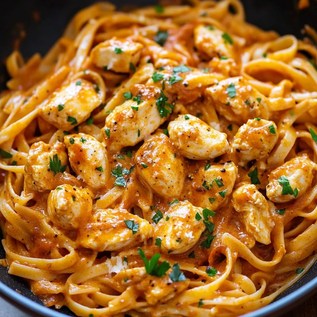 Homemade Cowboy Butter Chicken Linguine with bite-sized chicken pieces and flat pasta noodles in a rich, spiced cream sauce.
