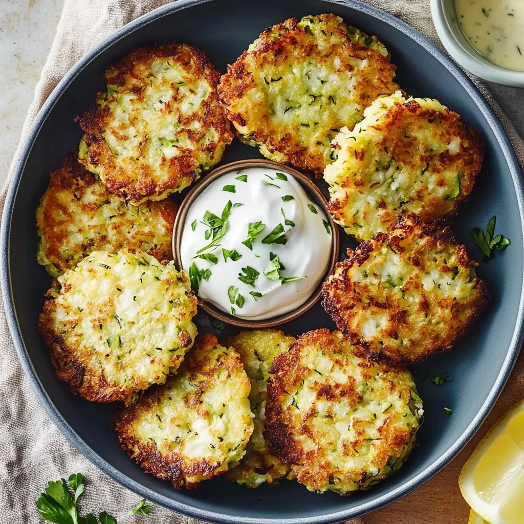 Golden-brown zucchini patties arranged in a circle around a small bowl of herb-garnished yogurt dip on a dark plate.