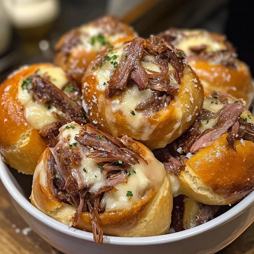 Smoked Brisket & Beer Cheese Pretzel Bombs in a white ceramic bowl featuring golden-brown exteriors, visible cheese, and generous amounts of shredded brisket on top.