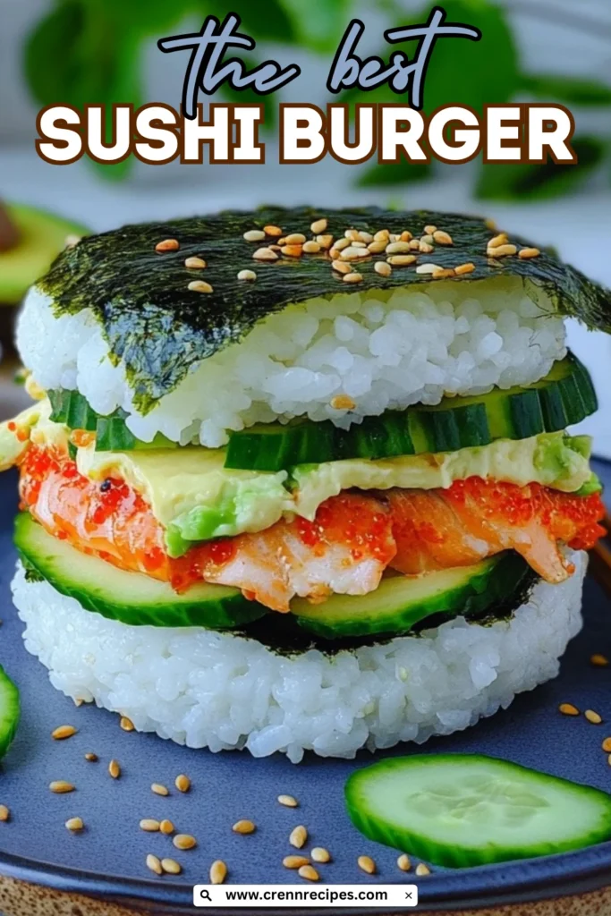 Sushi burger served on a blue plate with fresh salmon, avocado, cucumber and nori, accompanied by soy sauce and garnished with cucumber slices.