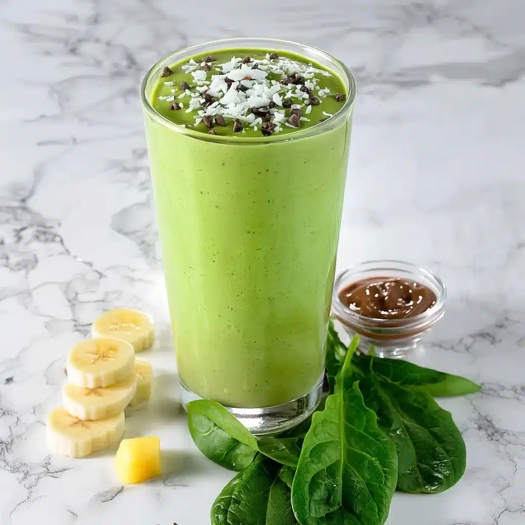 Green power smoothie with almond butter jar, banana slices, pineapple chunks and spinach leaves on marble counter