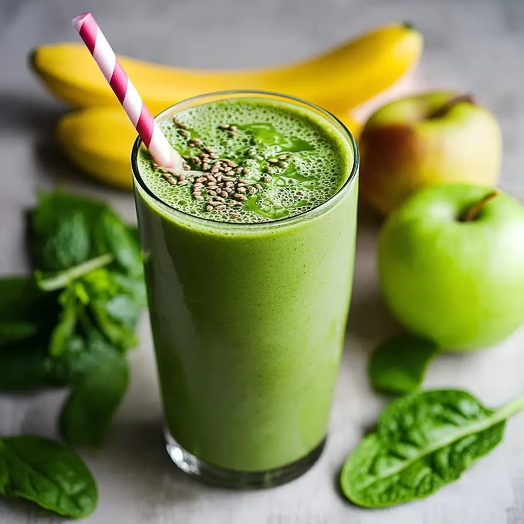 Creamy power green smoothie topped with chia seeds in clear glass with fresh spinach leaves, green apples and banana in background