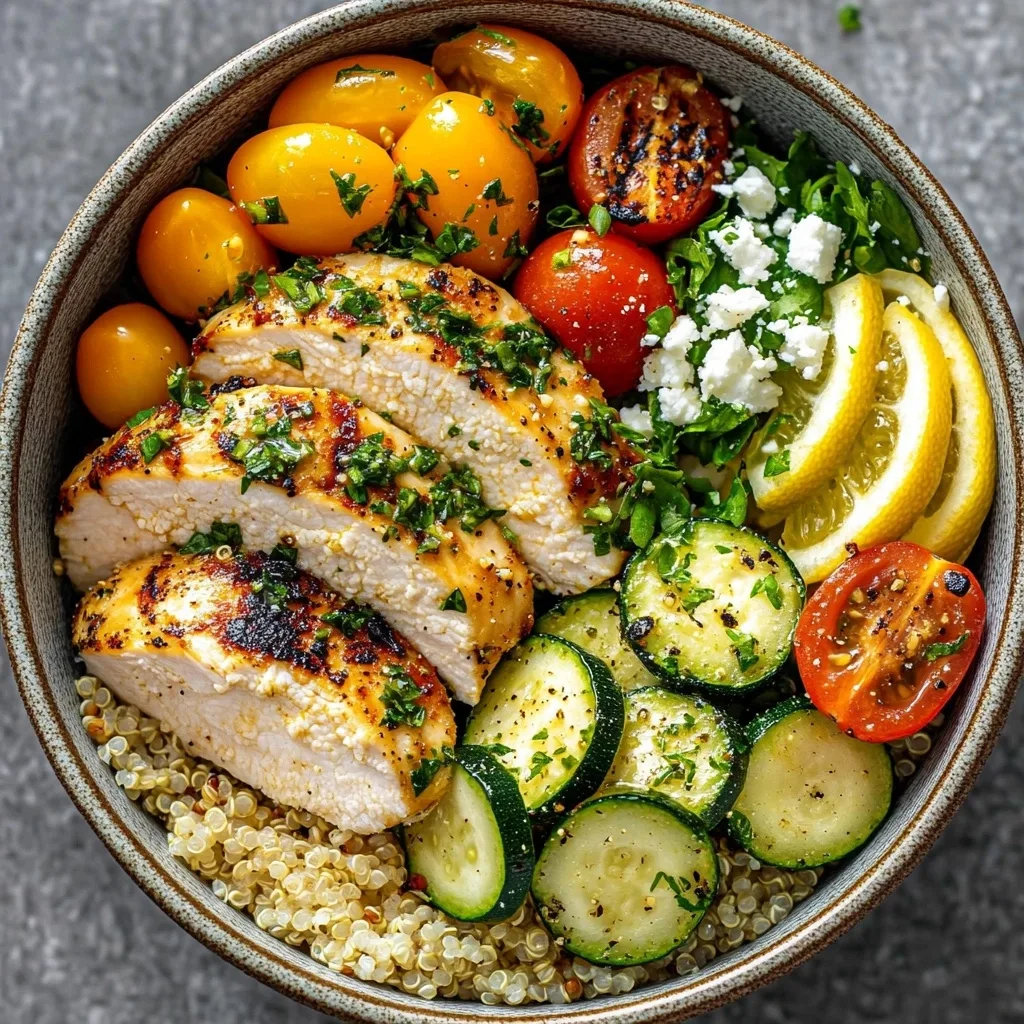 Beautifully plated Summer Lemon Herb Chicken & Veggie Bowl featuring sliced grilled chicken, yellow cherry tomatoes, zucchini, red tomatoes, feta cheese, and quinoa in a ceramic bowl.