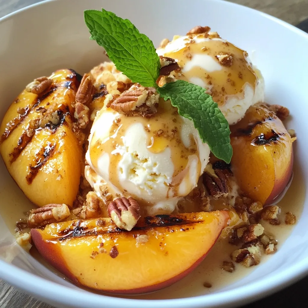 Grilled peach sundae with vanilla ice cream, toasted pecans, and fresh mint in a white bowl.