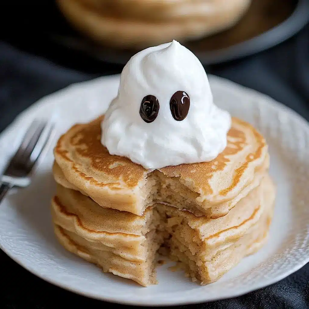 Close-up of sweet potato pancakes with a whipped cream ghost decoration on a white plate with fork visible