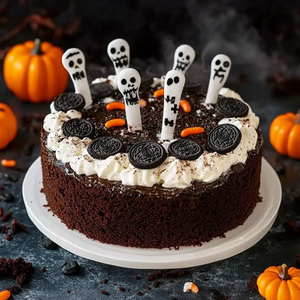 Chocolate graveyard cake with whipped cream border, Oreo cookies, skeleton-decorated white candy tombstones, and orange candy pumpkins.