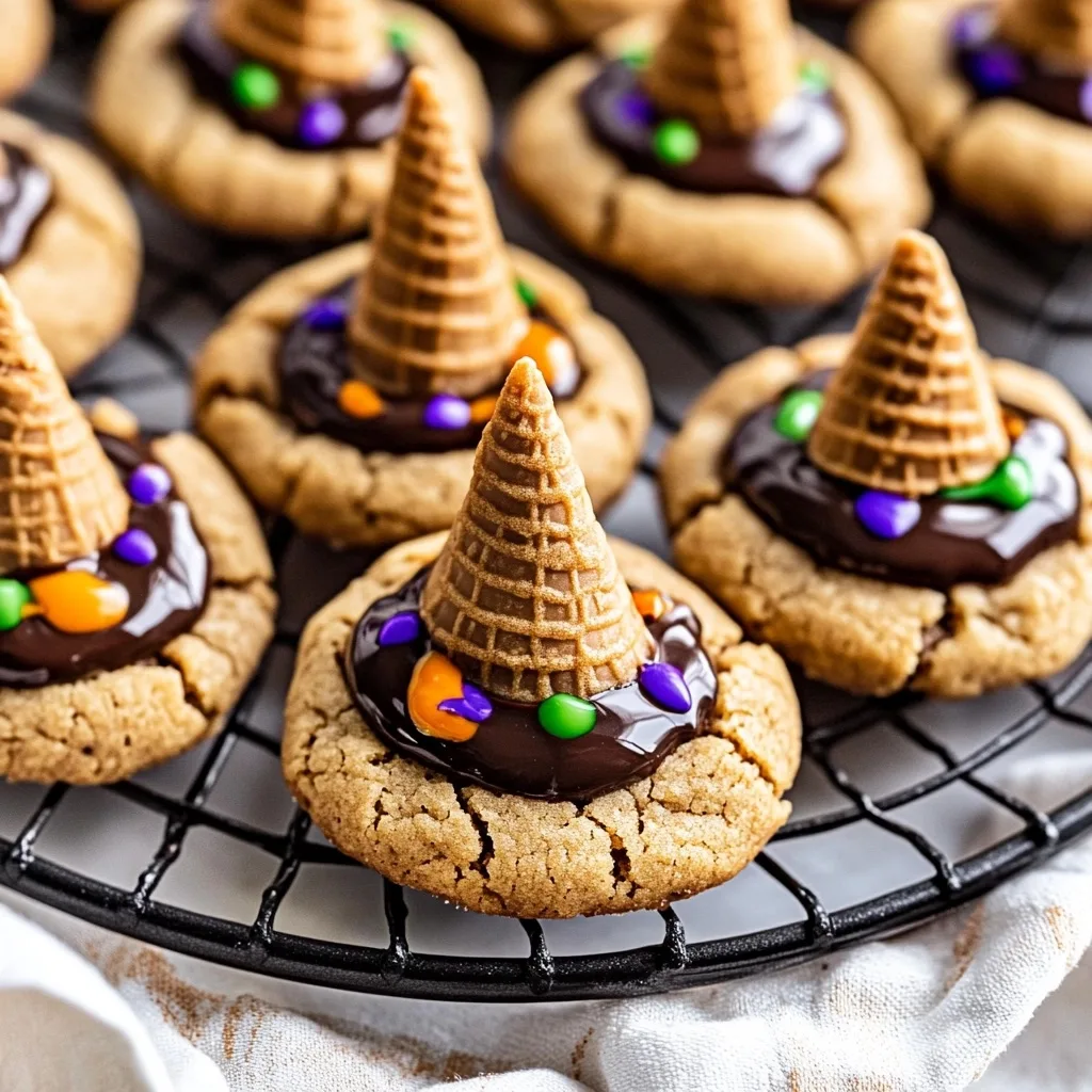 Array of Halloween witch hat cookies with colorful sprinkles on a round cooling rack