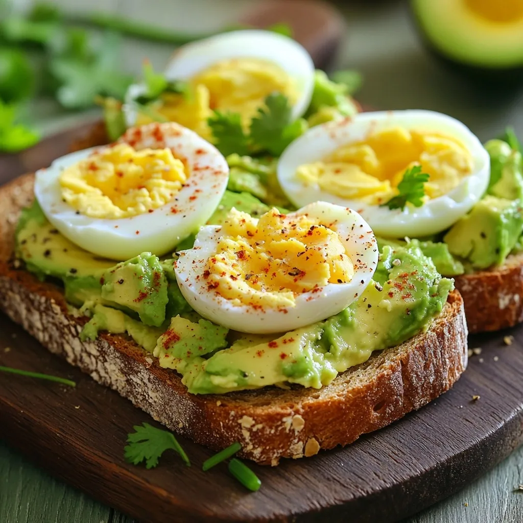 Avocado toast topped with sliced hard-boiled eggs seasoned with red pepper flakes and black pepper on crusty artisan bread, served on a wooden board.