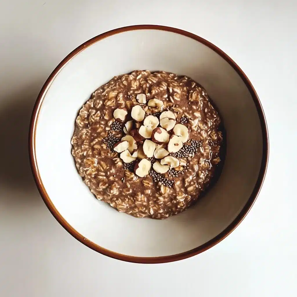 Hazelnut mocha overnight oats with chopped nuts and chocolate chips in rustic ceramic bowl