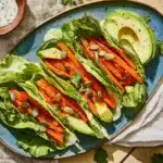 Close-up of roasted carrot lettuce wraps with avocado and pumpkin seeds on ceramic plate