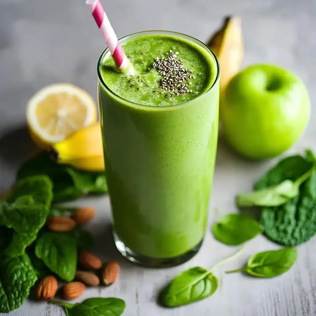 Ready-to-drink power green smoothie with chia seeds, pink straw, surrounded by fresh spinach, lemon, green apple and almonds