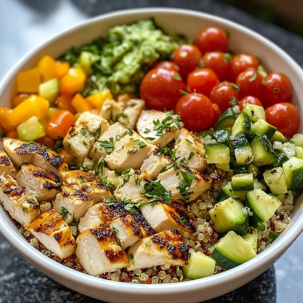 Quinoa bowl with grilled chicken chunks, cherry tomatoes, diced cucumber, yellow peppers, and avocado.