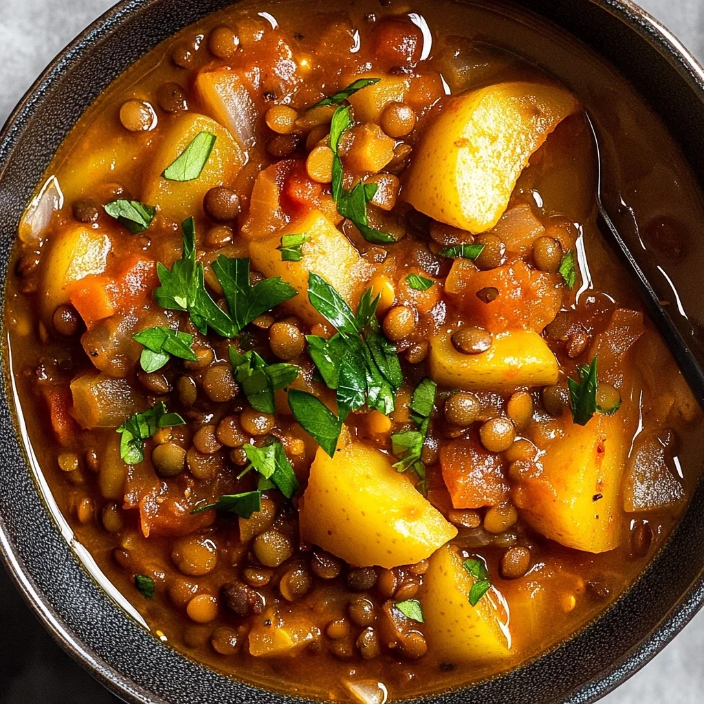 Homemade Thanksgiving Lentil and Potato Soup garnished with fresh parsley in a dark bowl, featuring tender Yukon Gold potatoes, brown lentils, and diced carrots in a savory broth.