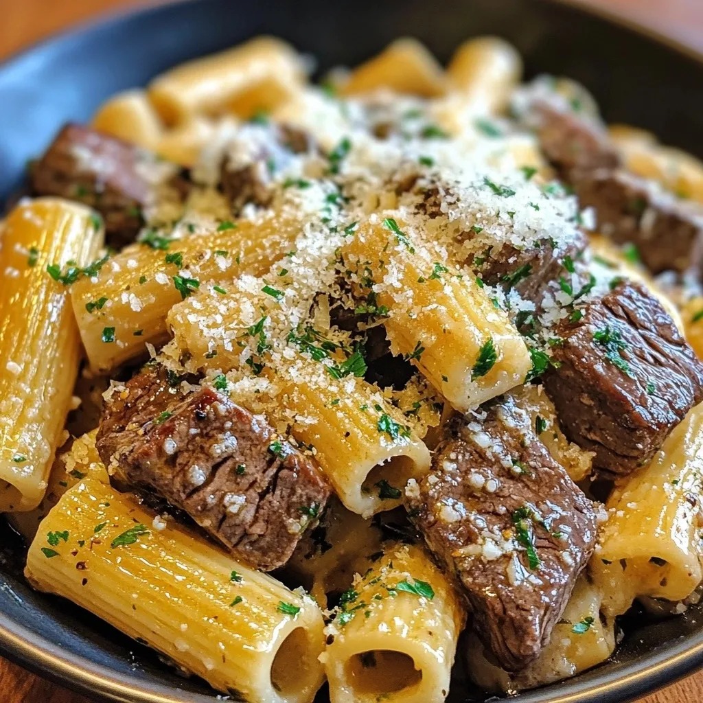 Overhead view of garlic butter steak parmesan rigatoni showing juicy steak chunks, tubular pasta, and a generous sprinkle of parmesan cheese.