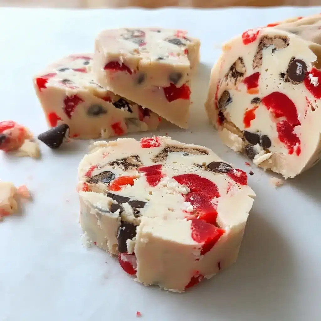 Christmas maraschino cherry shortbread squares cut and arranged on white parchment paper showing red cherries and chocolate chips