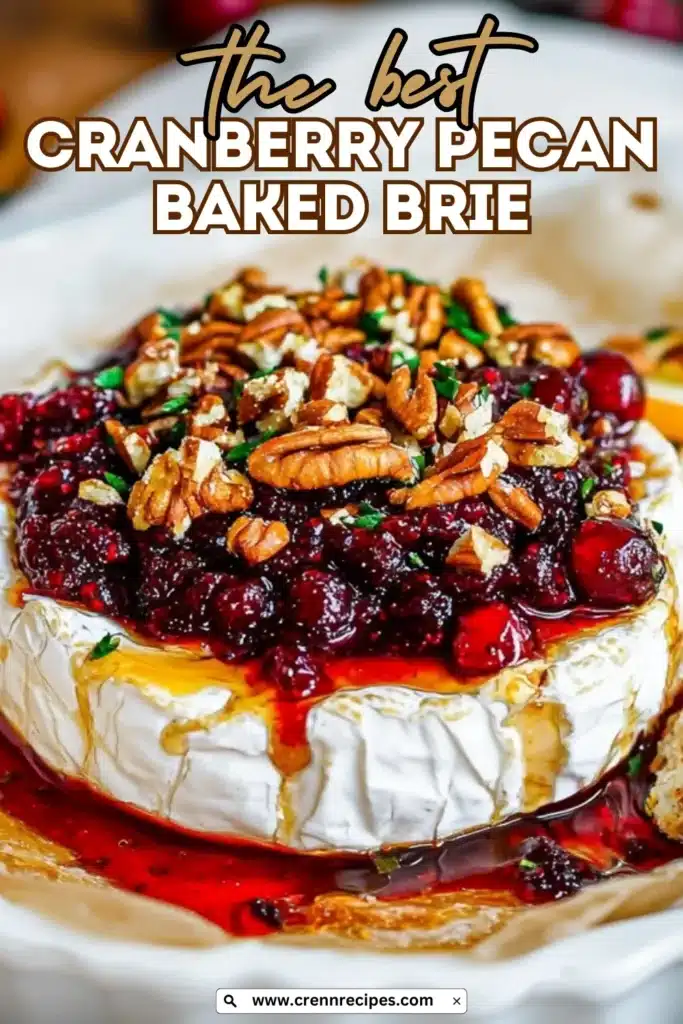 Close-up of Cranberry Pecan Brie Delight with glossy cranberry sauce and pecans, with overlay text “The best Cranberry Pecan Baked Brie.”