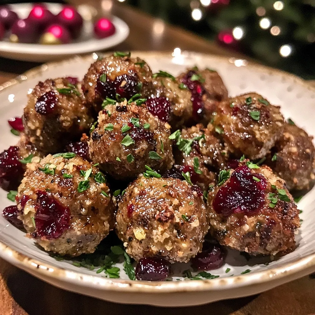 Baked cranberry meatballs in a white serving dish garnished with fresh herbs and whole cranberries, with Christmas ornaments and lights visible in the background.