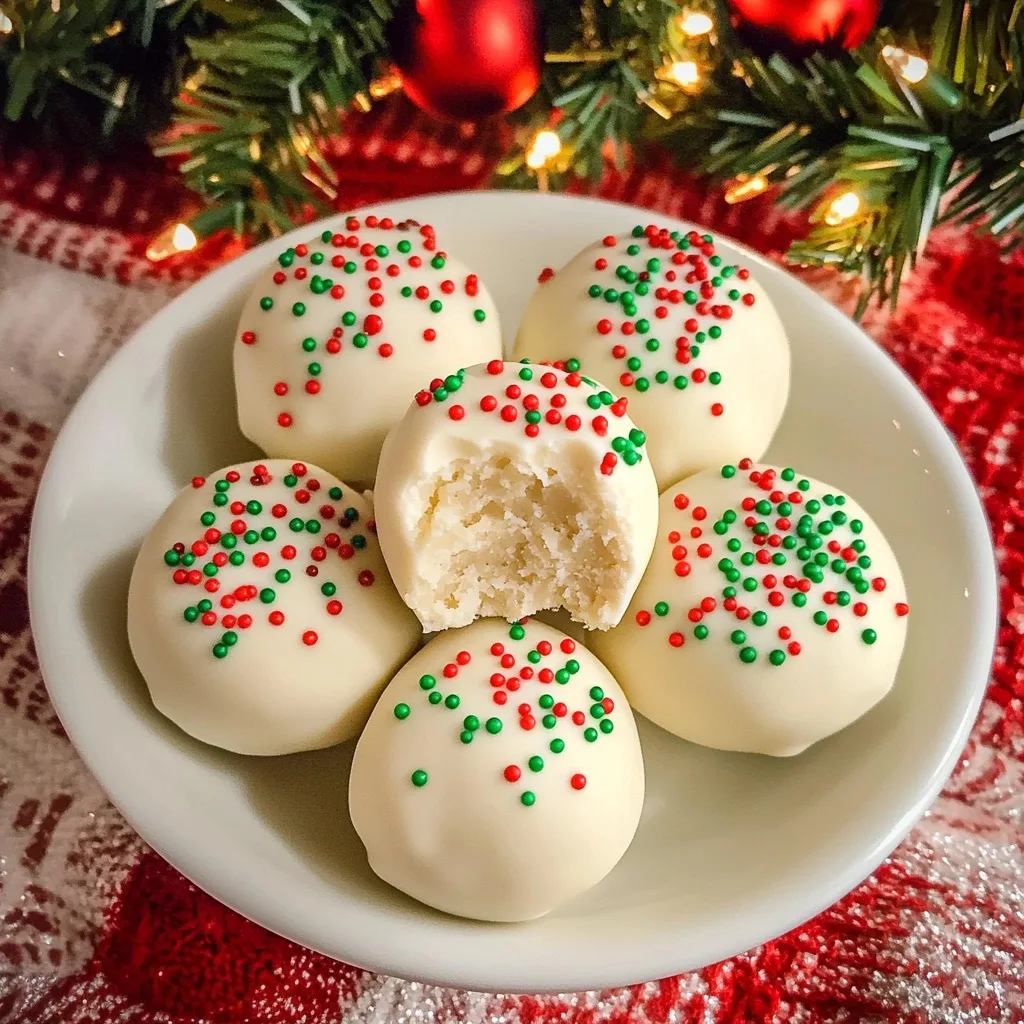 White chocolate–coated peanut butter balls with a bite taken out of one, revealing a slightly crumbly center, in a white bowl under a decorated Christmas tree
