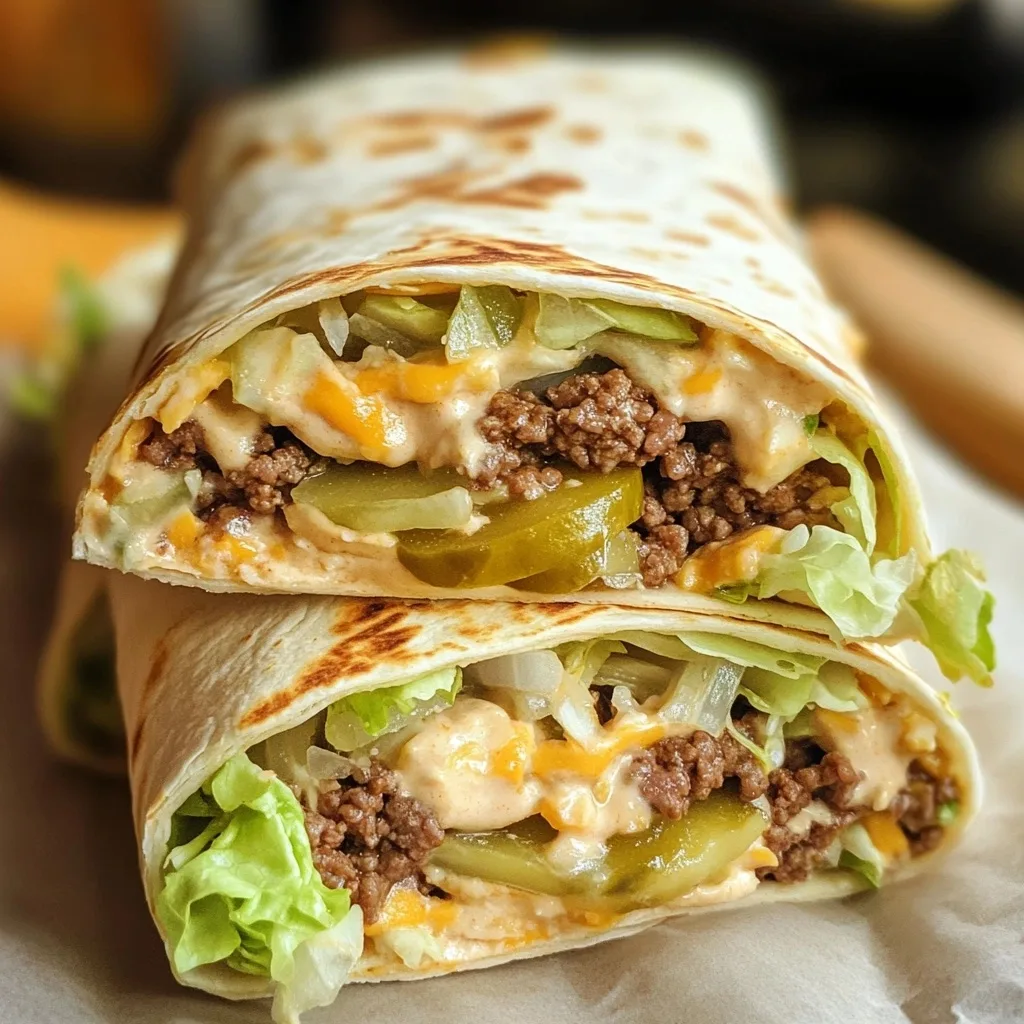 Sliced Big Mac Wraps showing layers of seasoned ground beef, special sauce, cheese, pickles, and lettuce in a grilled flour tortilla.