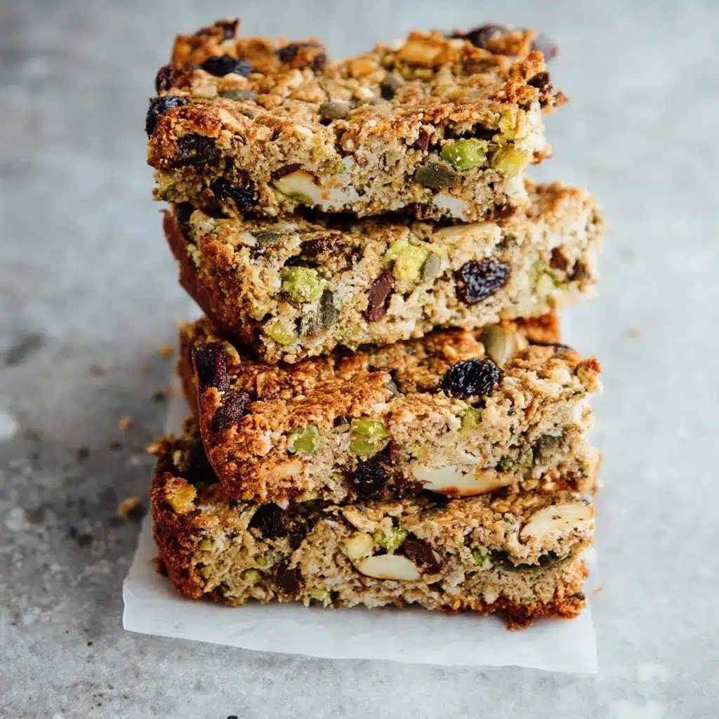 Close-up view of protein breakfast bars showing texture with visible oats, nuts, and chocolate chips