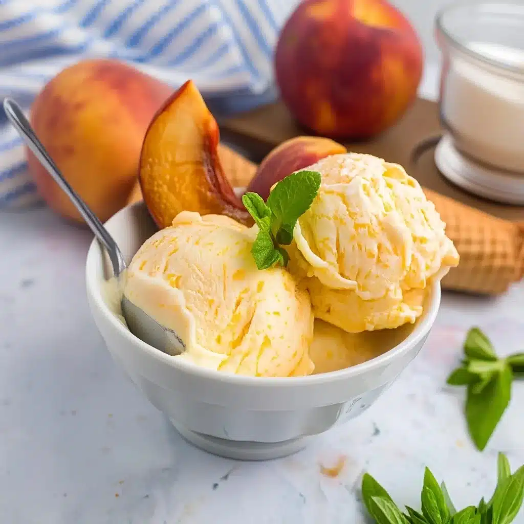 Homemade peach ice cream scoops in white bowl with fresh peaches and mint garnish on marble surface