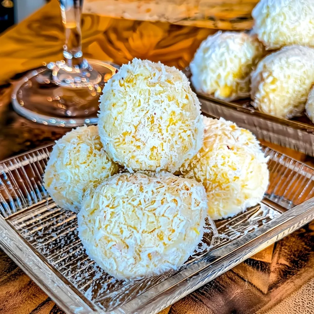 Homemade Pineapple Christmas Balls coated in shredded coconut arranged on elegant crystal serving platter with holiday bokeh lights in background