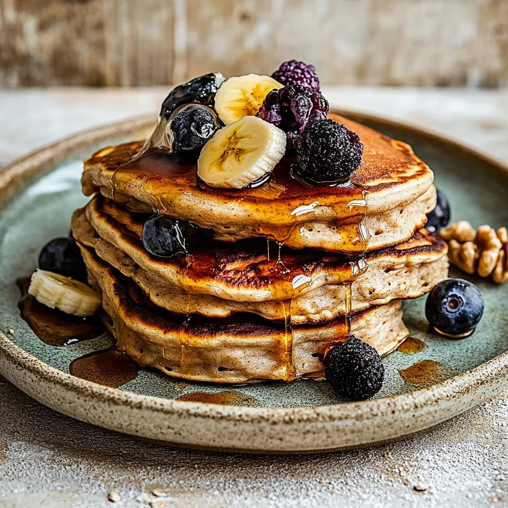 Stack of homemade protein pancakes with fresh berries, banana slices, and maple syrup on a decorative plate