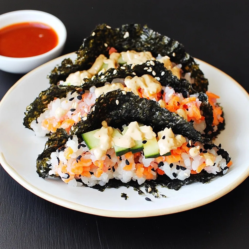 Sushi tacos featuring crispy seaweed shells filled with rice, fish, cucumber, and creamy sauce, garnished with sesame seeds.