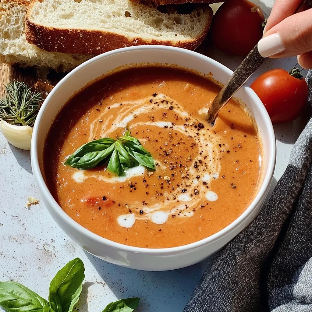 White bowl of smooth tomato soup with cream swirl and fresh basil garnish, served with crusty bread and fresh tomatoes.