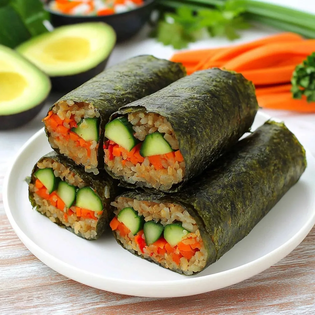 Alt Text: Freshly made vegetable sushi wraps filled with rice, cucumber, and carrots served on a white plate with avocado and garnishes in the background
