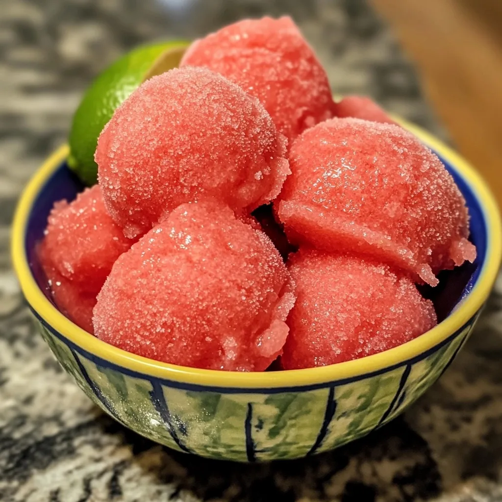 Scoops of watermelon sorbet in a decorative blue and yellow bowl with lime garnish