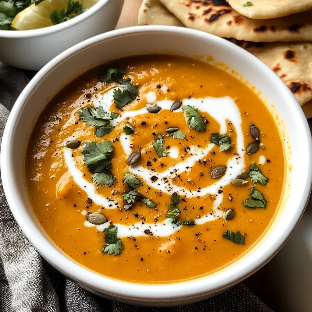 Overhead view of coconut curry pumpkin soup with coconut milk swirls, pumpkin seeds, and cilantro, served alongside freshly made naan bread.