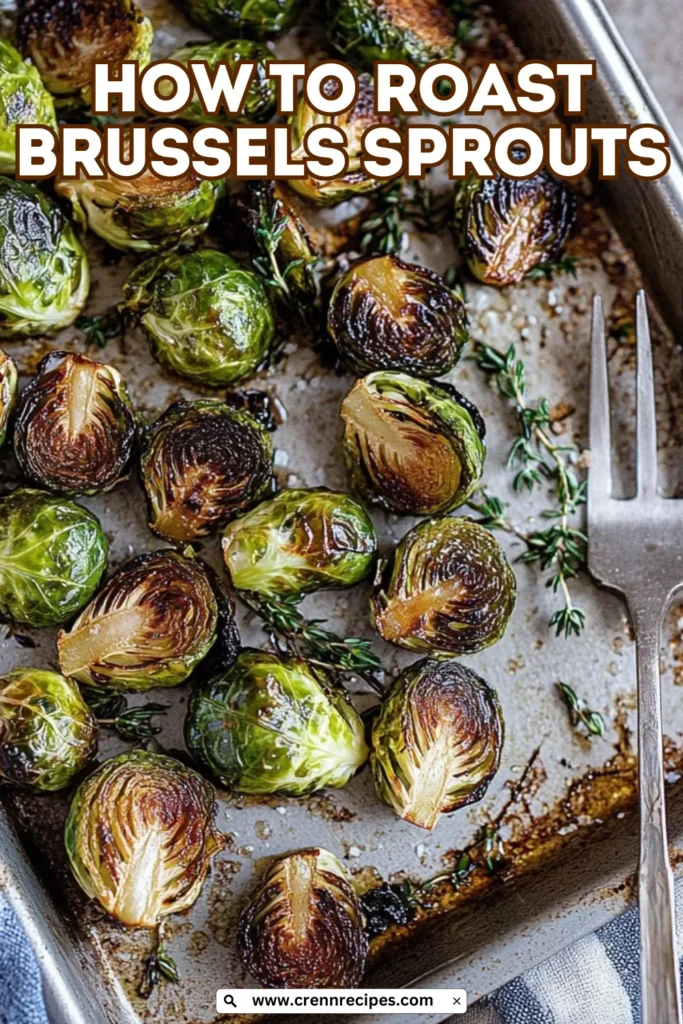 Overhead view of roasted Brussels sprouts with recipe title text overlay