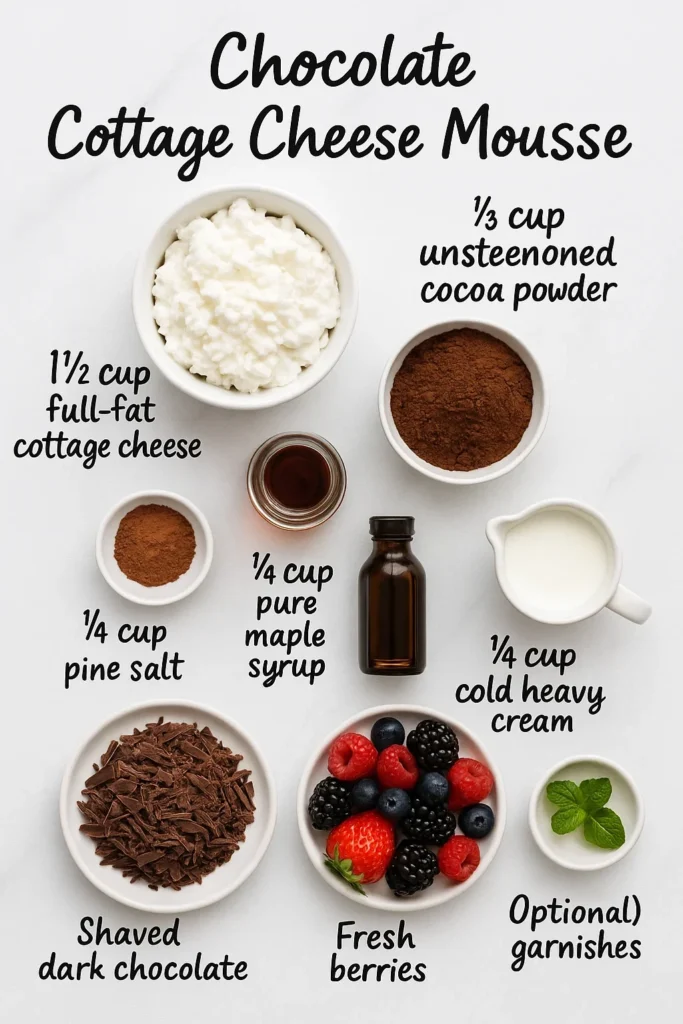 Ingredient flat lay for chocolate cottage cheese mousse showing measured ingredients with labeled text overlay.