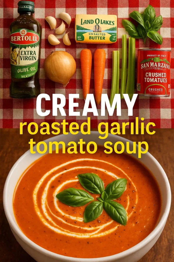 Ingredients for Creamy Roasted Garlic Tomato Soup arranged on red and white checkered cloth with a bowl of finished soup below.