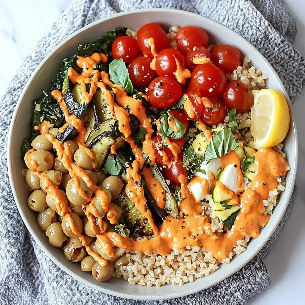 Mediterranean Buddha Bowl with roasted vegetables, olives, and lemon wedge served with orange sauce over quinoa