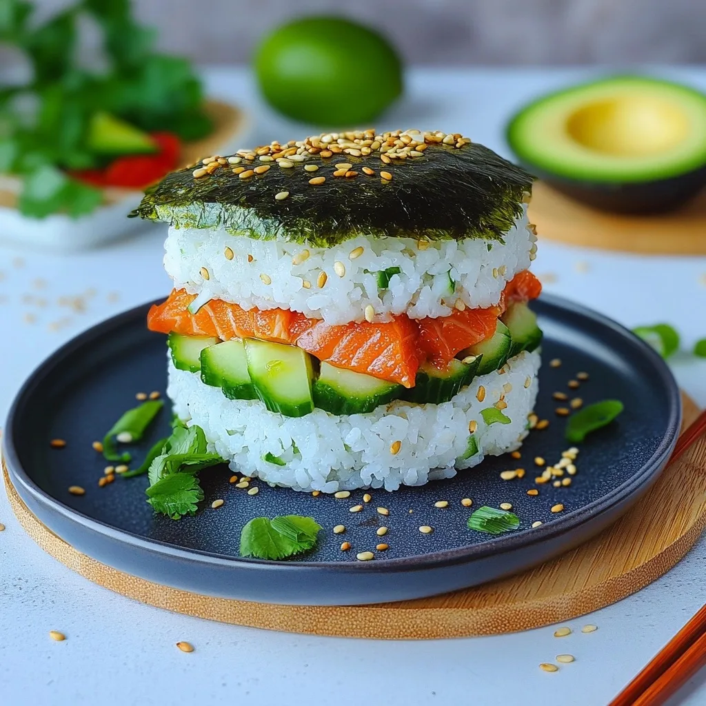 Deconstructed sushi burger with salmon, cucumber and avocado layers between sushi rice buns, topped with nori and sesame seeds.