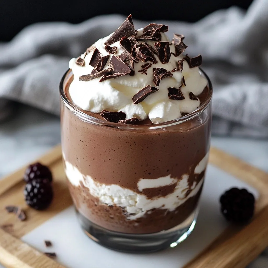 Close-up of chocolate cottage cheese mousse in a glass with distinct chocolate and cream layers, topped with whipped cream and chocolate shavings.
