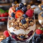 Beautifully layered Greek yogurt parfait in a clear glass with alternating layers of creamy yogurt, crunchy granola, blueberries, strawberry slices, and raspberries, topped with fresh berries and granola.