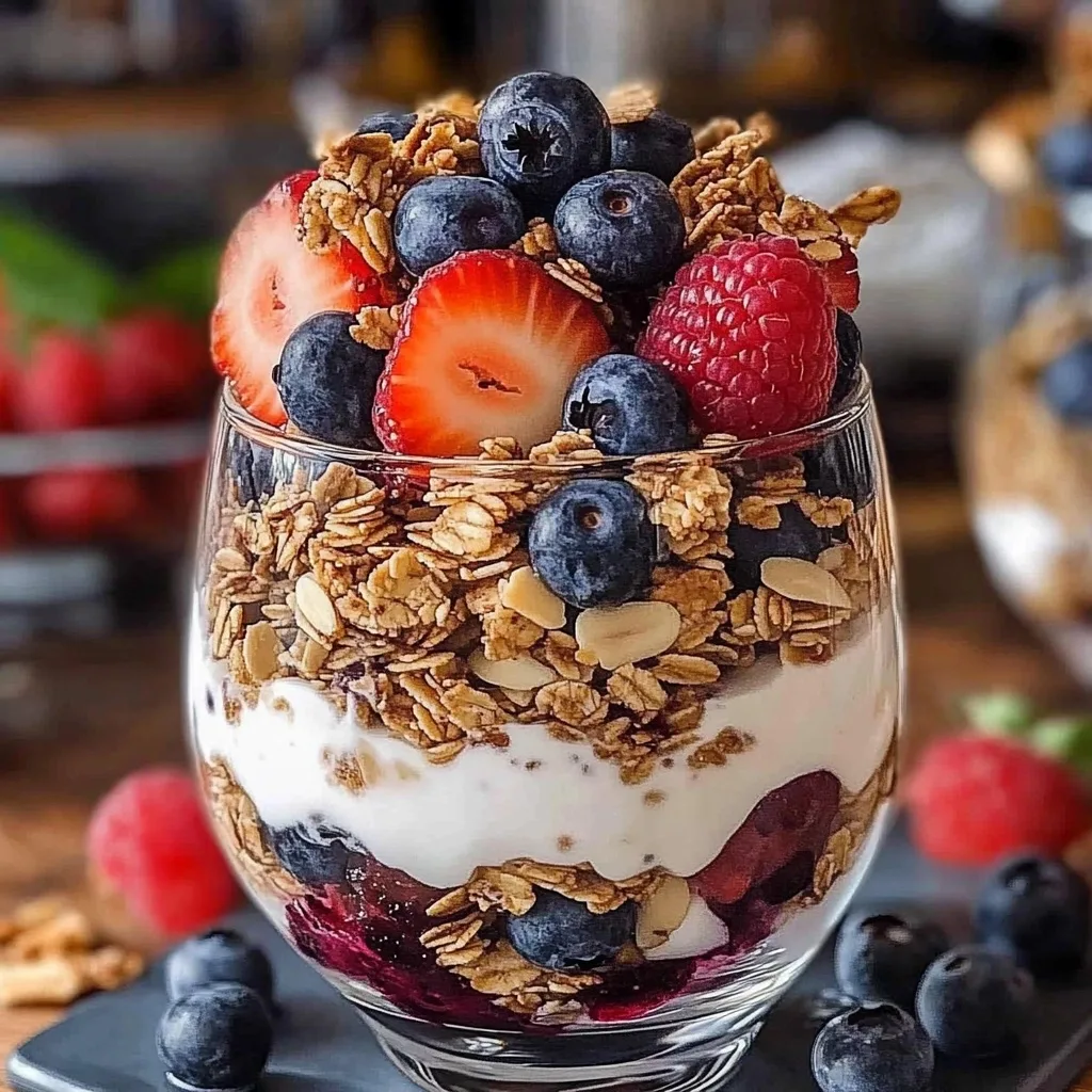 Beautifully layered Greek yogurt parfait in a clear glass with alternating layers of creamy yogurt, crunchy granola, blueberries, strawberry slices, and raspberries, topped with fresh berries and granola.