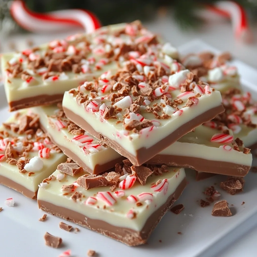 Stacked squares of layered peppermint bark with milk chocolate, white chocolate, crushed candy canes, and toffee pieces on a white plate with candy canes in background