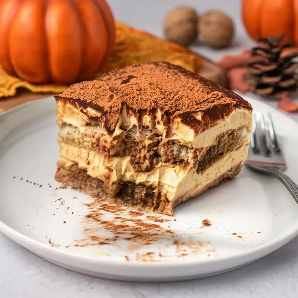 Close-up of pumpkin spice tiramisu slice with fork showing detailed cream layers and cocoa powder dusting with pumpkins and pinecones