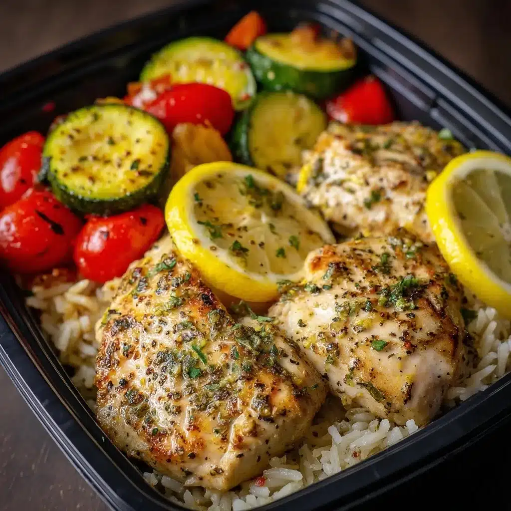 Lemon herb chicken thighs with roasted vegetables and rice in meal prep container showing golden crispy skin